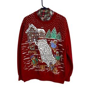 Vintage Christmas Gingerbread Sweatshirt Red XL 90s Granny Holiday Festive Plaid